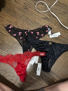 Women’s Lace & Satin Bikini Panty Set - Black with Pink Embroidery & Red Lace